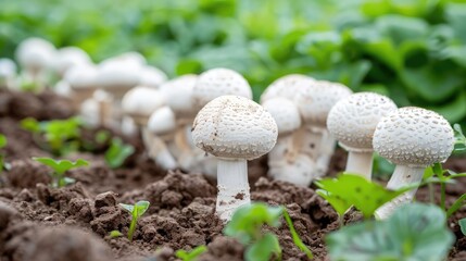 White mushrooms growing on the soil