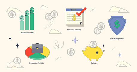 Illustration showcasing financial growth, planning, and savings in a neubrutalism style collection.