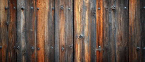 Fototapeta premium Wooden wall with varying brown tones and contrasting textures capturing natural weathering effects