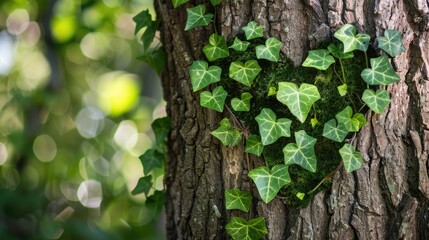 Heart shaped ivy climbing tree trunks
