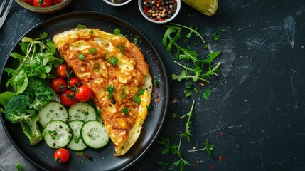 Healthy snack menu concept with omelette vegetables and salad ingredients