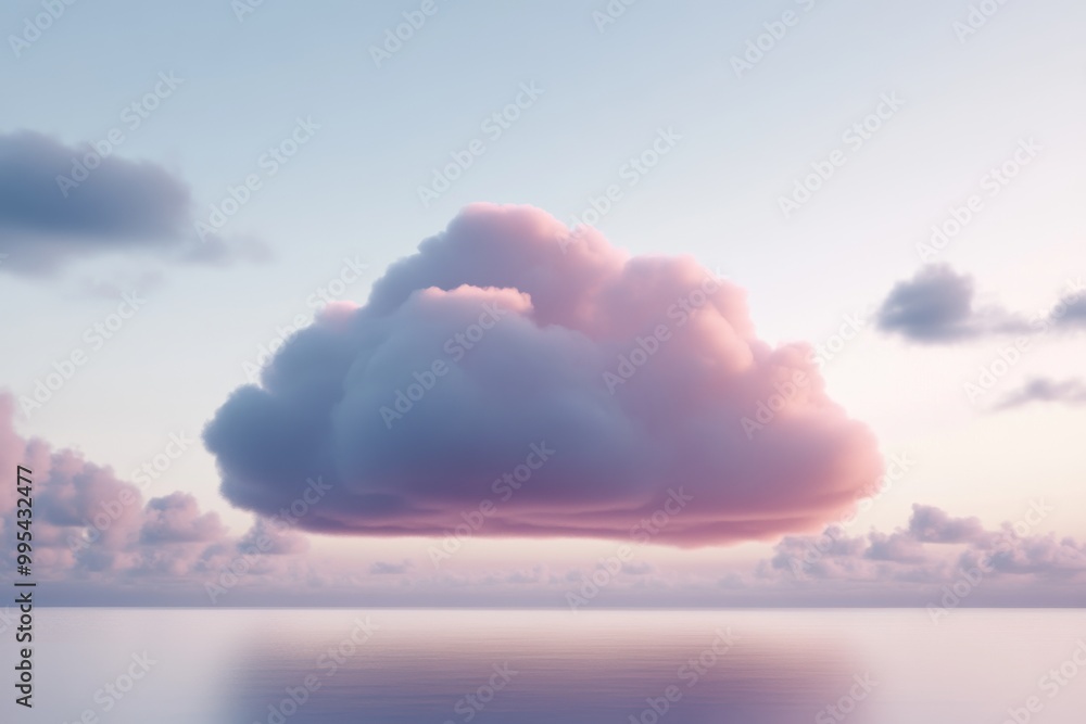 Poster pink and blue glowing cloud floating above calm water representing virtual data storage cloud comput