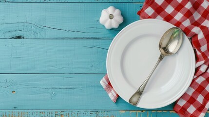 Empty white ceramic plate and vintage silverware on blue wooden boards with a red checkered towel Vertical image with space for text