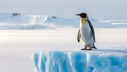 Obraz premium This stunning photograph captures the essence of strength and solitude as a lone penguin stands proudly on a massive iceberg, surrounded by the vast, icy expanse of the polar region.