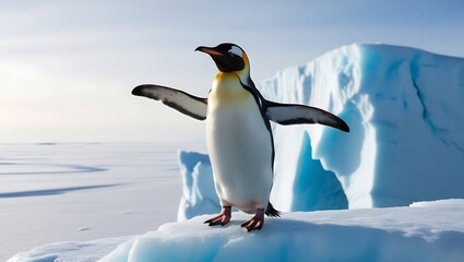 Fototapeta premium This stunning photograph captures the essence of strength and solitude as a lone penguin stands proudly on a massive iceberg, surrounded by the vast, icy expanse of the polar region.