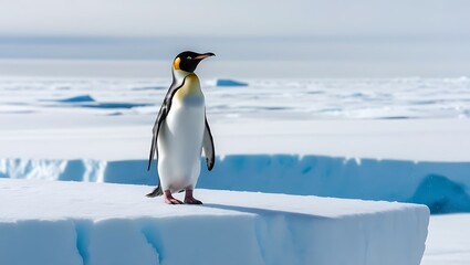 Obraz premium This stunning photograph captures the essence of strength and solitude as a lone penguin stands proudly on a massive iceberg, surrounded by the vast, icy expanse of the polar region.