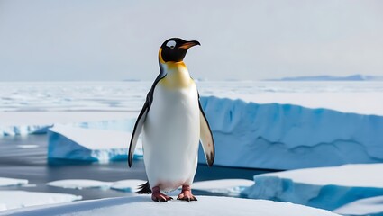 Fototapeta premium This stunning photograph captures the essence of strength and solitude as a lone penguin stands proudly on a massive iceberg, surrounded by the vast, icy expanse of the polar region.