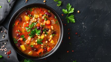 Hearty vegetable and legume soup Healthy meal Room for text