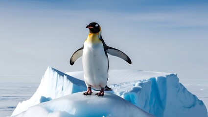 Obraz premium This stunning photograph captures the essence of strength and solitude as a lone penguin stands proudly on a massive iceberg, surrounded by the vast, icy expanse of the polar region.