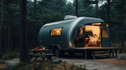 A sleek, new travel trailer parked on the edge of a forest with an outdoor picnic setup