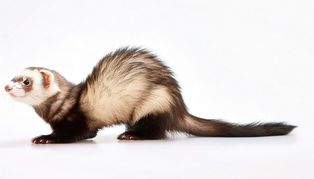 ferret - Mustela furo - is a small, domesticated species of mammal belonging to the family Mustelidae and most likely a domesticated form of the wild European polecat - Mustela putorius. On white