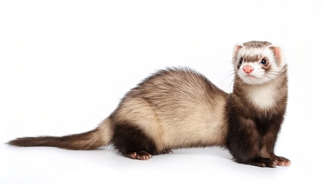 ferret - Mustela furo - is a small, domesticated species of mammal belonging to the family Mustelidae and most likely a domesticated form of the wild European polecat - Mustela putorius. On white