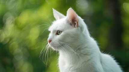 Obraz premium White feline against blurred green backdrop