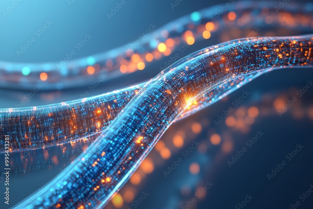 Poster blue and orange braided fiber optic cables with glowing particles symbolizing fast data transfer sec