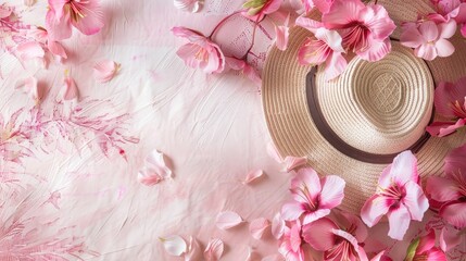 Floral Pink Design on Woven Hat Background