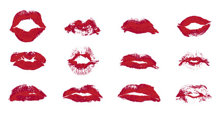 Set imprint kiss lip on white background. Realistic print in red color. Human lips. Vector illustration