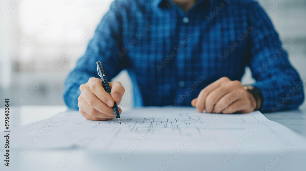 Poster an architect carefully sketches design plans on a large blueprint with a pen in a well-lit office. t