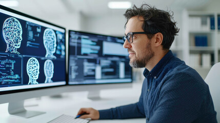 A software engineer analyzes neural networks on dual screens, using cutting-edge AI tools to advance deep learning models. The modern workspace is organized and focused on innovation.