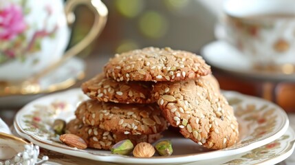 Vegan gluten free cookies with almonds sesame and pistachios at a tea party