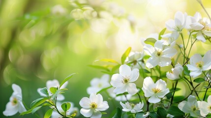 Obraz premium White spring flowers on green backdrop