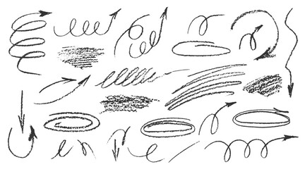 Charcoal pencil hand drawing curly arrows. Swishes, swashes, swoops, swooshes, scribbles and squiggles Black elements on white. Grunge chalk crayon doodles textures Crayon strokes. Vector illustration