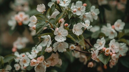 Fototapeta premium White and pink blossom amid green foliage