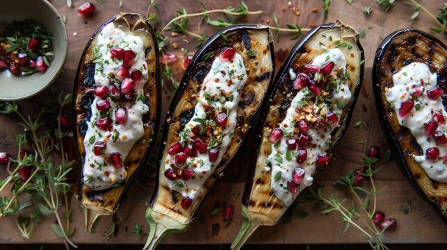 Grilled eggplants with yogurt sauce pomegranate seeds and thyme A healthy Mediterranean vegetarian dish - Powered by Adobe