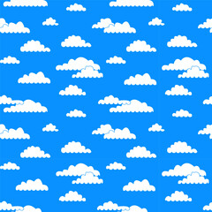 Cartoon white clouds on blue sky in chaotic order as seamless pattern