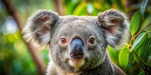 Naklejka premium Close-up shot of a koala in the lush forest habitat , wildlife, Australia, eucalyptus, nature, cuddly