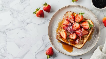 French toast with strawberries maple syrup on plate white marble background Top view flat lay