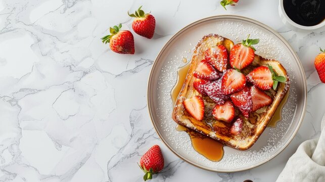 French toast with strawberries maple syrup on plate white marble background Top view flat lay