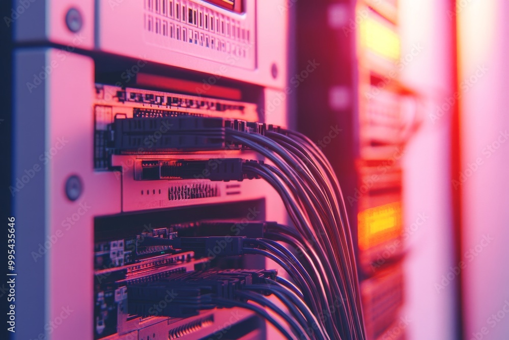 Poster close up of purple and orange glowing fiber optic cables connected to a network server symbolizing h