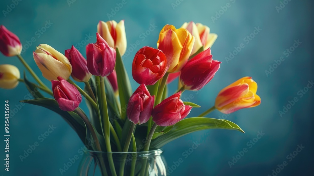 Poster vivid tulips in a vase in close up view