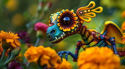 Fototapeta premium 3D Illustration of a Colorful Fantasy Creature Among Flowers
