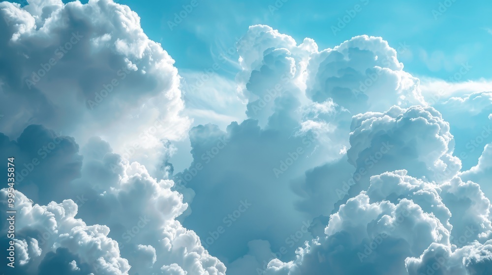 Poster white fluffy clouds on blue sky background with space for text