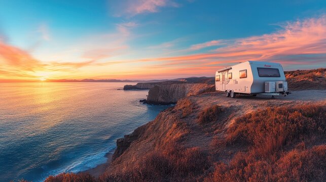 A travel trailer parked along a coastal cliff, overlooking the ocean at sunset