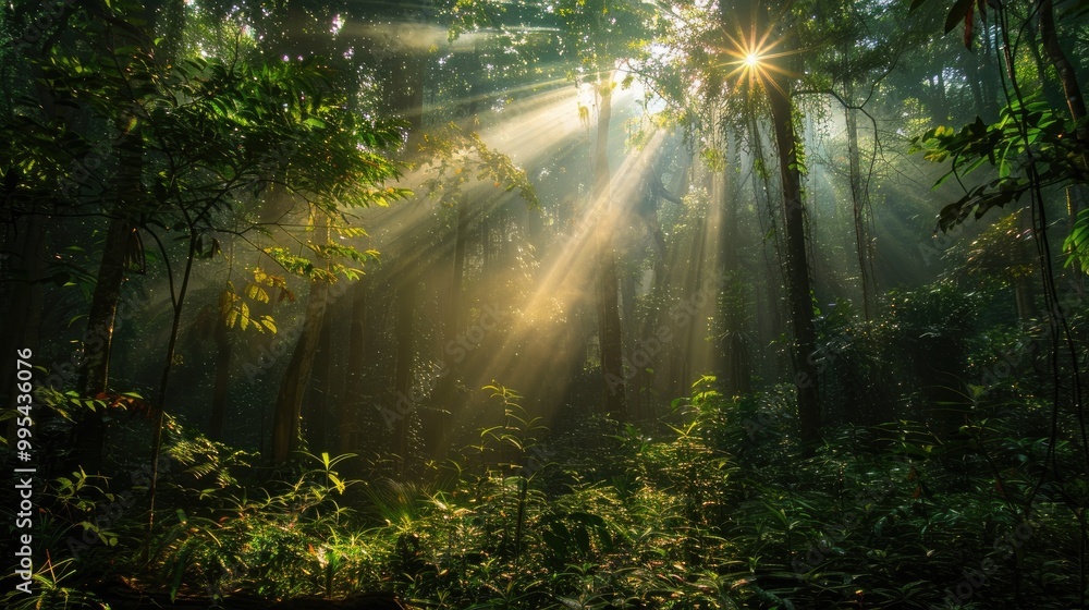 Poster sunlight filters through the forest at dawn