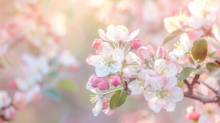 White blossoms adorn apple branch with pink hues spring day background with blur
