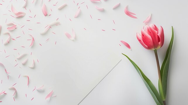 Spring themed greeting card with tulip and letters on white background top view
