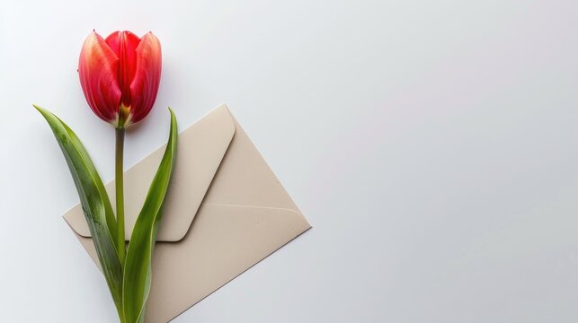 Spring themed greeting card with tulip and letters on white background top view