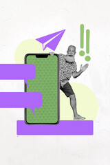 Vertical collage poster elder man pensioner smartphone digital device gadget messenger app internet...