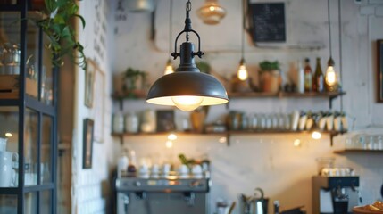 Obraz premium Vintage lamp hanging in white cafe shop