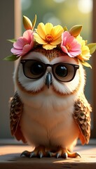 Fototapeta premium Charming Owl With Sunglasses and Floral Headpiece on Soft Background