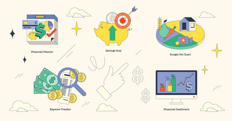 Conceptual illustration of budgeting tools in neubrutalism style collection, featuring financial planner, savings goal, and budget pie chart.