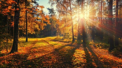 Fototapeta premium Sunny day in autumn forest landscape