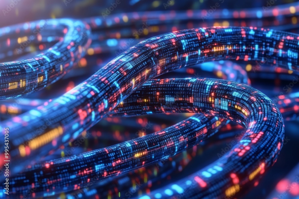 Poster intertwined blue and red glowing data cables representing secure data transmission advanced telecomm