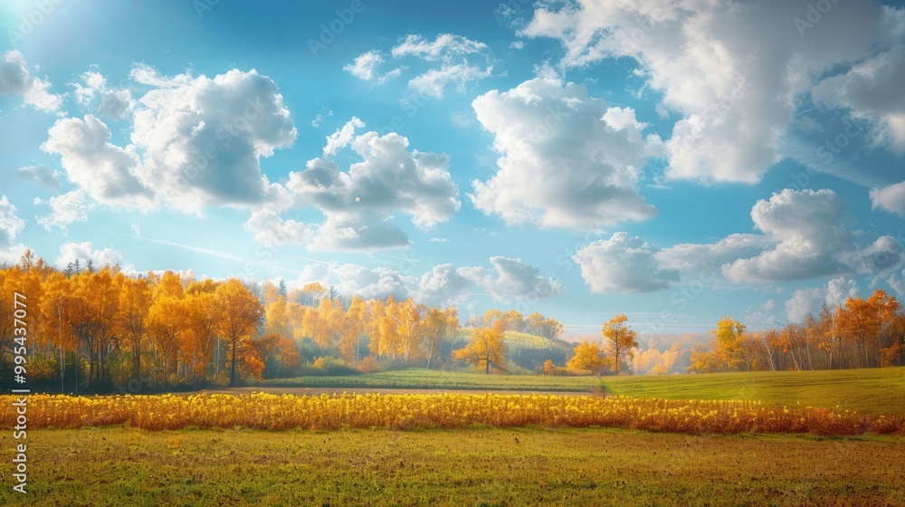 Poster sunny day view of autumn forest and field with clouds