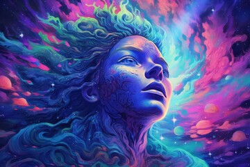 A cosmic portrait of a woman with vibrant colors and celestial elements.