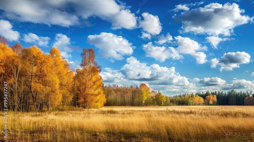 Poster sunny day view of autumn forest and field with clouds