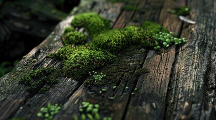 Obraz premium Green moss growing on aged timber
